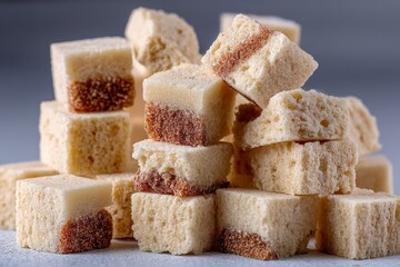 Aufkleber - Sweet dessert cubes stacked artistically on a gray surface showcasing a layered texture and color variation