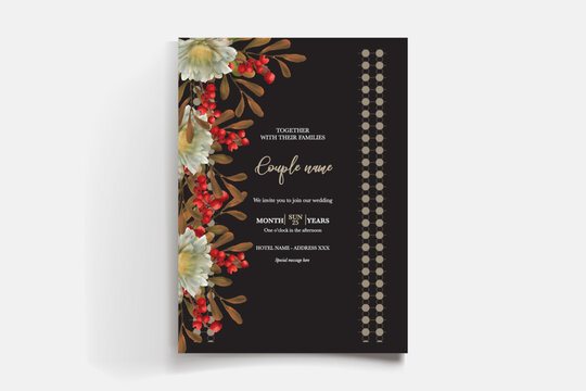 WEDDING INVITATION FRAME WITH FLOWER DECORATIONS AND FRESH LEAVES