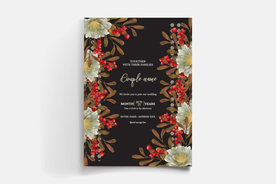 WEDDING INVITATION FRAME WITH FLOWER DECORATIONS AND FRESH LEAVES
