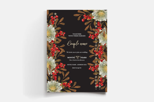WEDDING INVITATION FRAME WITH FLOWER DECORATIONS AND FRESH LEAVES