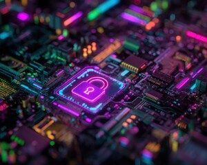 Poster - glowing padlock on circuit board