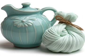 Poster - Mint green pottery pitcher and soft yarn showcase vibrant colors and textures in a serene arrangement