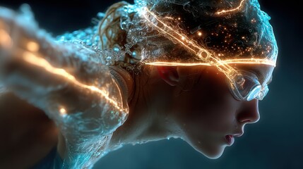 Aufkleber - technology style whit net glowing wave,glowing line glow wave,glow line , young woman swimmer,photo stocks
