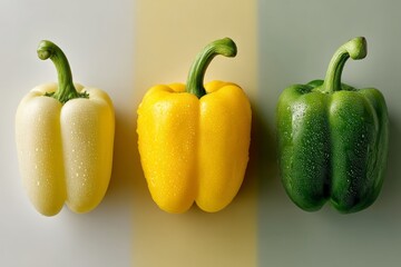 Aufkleber - Colorful bell peppers displayed in a fresh arrangement on a light background with water droplets