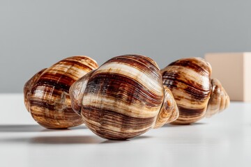 Poster - Unique striped seashells arranged on a light surface with a minimalistic background, perfect for decorative use