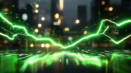 Fototapete - Abstract Green Light Wave with Urban Background and Bokeh Effect