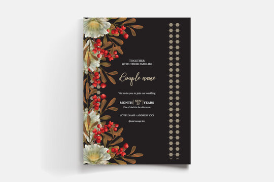WEDDING INVITATION FRAME WITH FLOWER DECORATIONS AND FRESH LEAVES