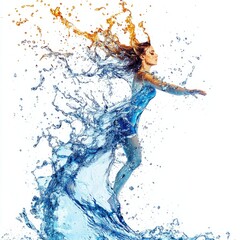 Poster - A woman, vibrant and dynamic, enveloped in a cascade of splashing water and vibrant bursts of color, creating a flowing, ethereal scene