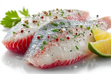 Aufkleber - Freshly prepared fish fillets garnished with herbs and lime slices on a clean surface