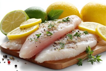 Aufkleber - Fresh fish fillets garnished with herbs and citrus fruits on a wooden cutting board