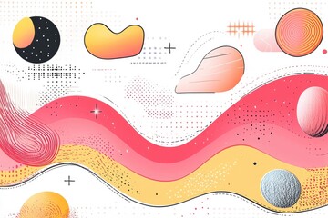 Aufkleber - Abstract graphic design with swirling shapes, dots, and lines in vibrant colors.  Includes organic forms, geometric elements, and a dynamic wave pattern on a white background