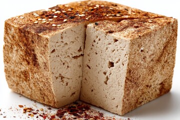 Poster - Delicious block of seasoned tofu cut in half showcasing its soft texture and spices sprinkled on top