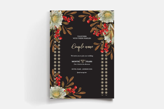 WEDDING INVITATION FRAME WITH FLOWER DECORATIONS AND FRESH LEAVES