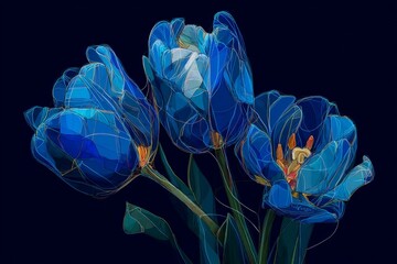 Poster - Blue tulips in a modern artistic style showcase vibrant colors and intricate details, blending nature with creativity for a stunning effect