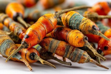 Poster - Colorful orange and blue plant roots arranged in a close-up display highlighting their texture and detail in a natural setting