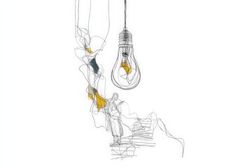 Poster - Light bulb illuminates artist standing on stairs in abstract design with vibrant colors in a creative space