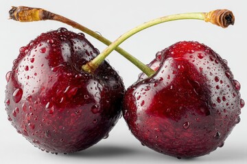 Poster - Fresh red cherries with droplets captured in studio setting showcasing their vibrant color and natural shine
