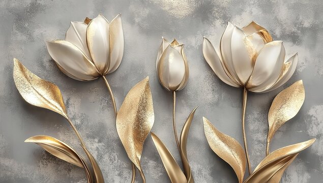 Elegant 3D Rendered White Flowers With Gold Accents