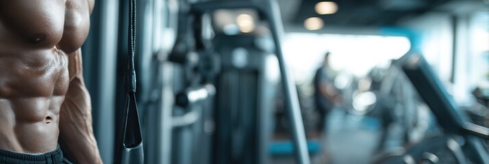 Aufkleber - Muscular Figure Training at a Modern Gym With Various Equipment in Focus During the Afternoon