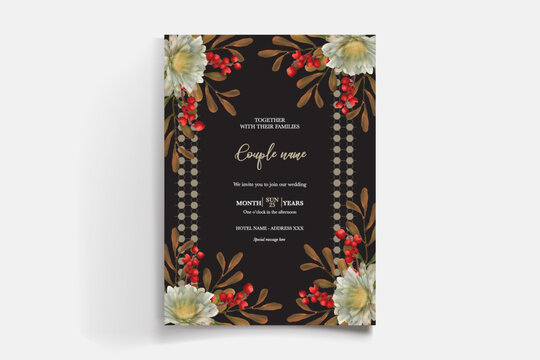 WEDDING INVITATION FRAME WITH FLOWER DECORATIONS AND FRESH LEAVES