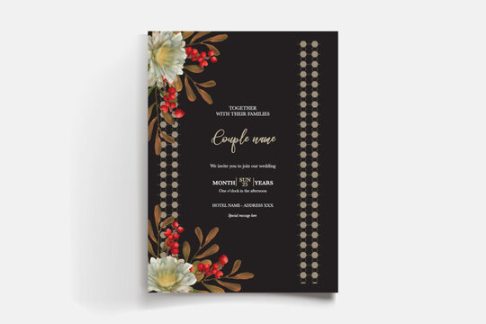 WEDDING INVITATION FRAME WITH FLOWER DECORATIONS AND FRESH LEAVES