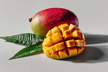 Poster - Fresh ripe mango with vibrant skin and juicy yellow flesh, arranged with green leaves on a light background