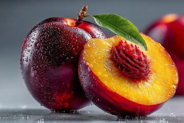 Poster - Fresh and juicy peaches with droplets of water on dark background ready to be enjoyed
