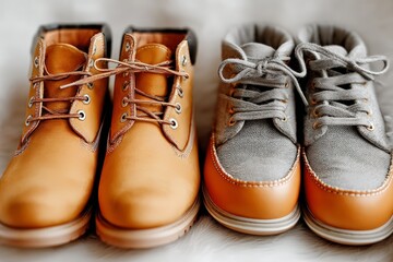 Poster - Pair of casual footwear displayed on a soft surface showing a blend of styles and colors during a relaxed indoor setting
