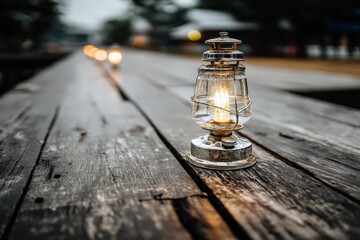 Aufkleber - Vintage lantern illuminates wooden dock at dusk, creating a cozy atmosphere in nature