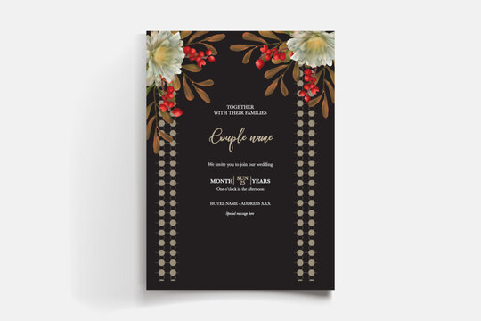 WEDDING INVITATION FRAME WITH FLOWER DECORATIONS AND FRESH LEAVES