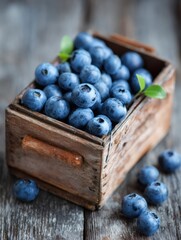 Poster - Fresh Blueberries in a Rustic Wooden Box With Soft Focus on the Right Side Creating a Warm and Inviting Feel During a Sunny Afternoon
