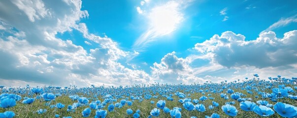 blue flower field with cloudy sky