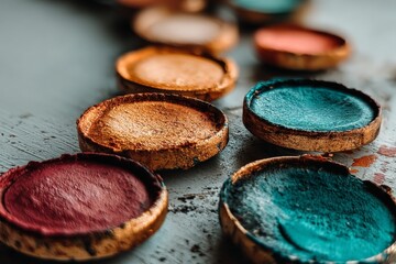 Aufkleber - Vibrant pigments arranged in circular containers on a textured surface in an artistic workspace