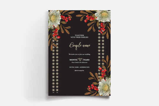 WEDDING INVITATION FRAME WITH FLOWER DECORATIONS AND FRESH LEAVES