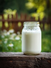 Aufkleber - Fresh Milk in a Glass Jar Sits on a Rustic Wooden Fence Surrounded by Lush Greenery and Blooming Flowers