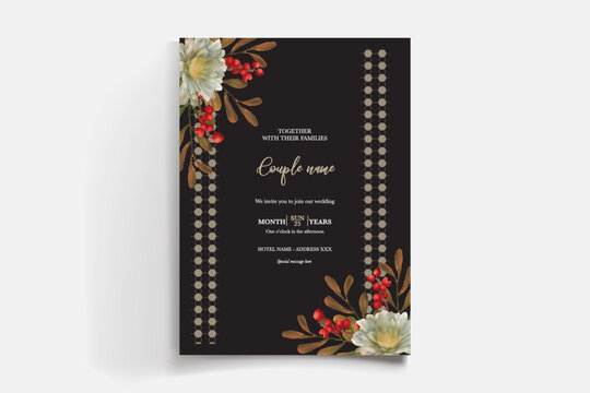 WEDDING INVITATION FRAME WITH FLOWER DECORATIONS AND FRESH LEAVES