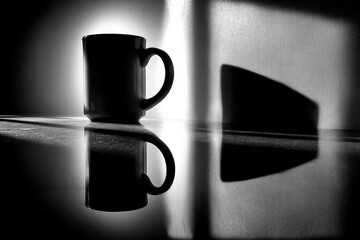 Aufkleber - Silhouette of a coffee mug casting a shadow on a reflective surface in morning light