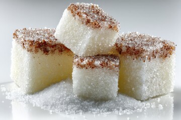 Poster - Sweet sugar cubes stacked with granulated texture on a white surface