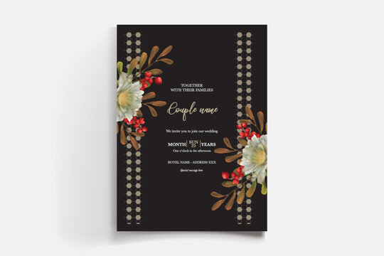 WEDDING INVITATION FRAME WITH FLOWER DECORATIONS AND FRESH LEAVES