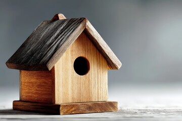 Fototapete - Wooden birdhouse sitting on a surface with soft lighting creating a calm atmosphere