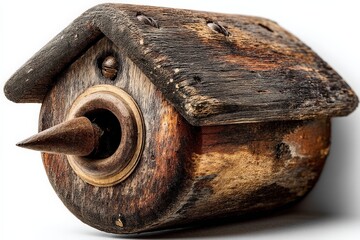 Aufkleber - Decorative wooden birdhouse with rustic design featuring a pointed entrance and textured surface