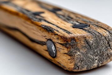 Fototapete - Detailed view of a textured wooden object showcasing natural patterns and embedded metal accents