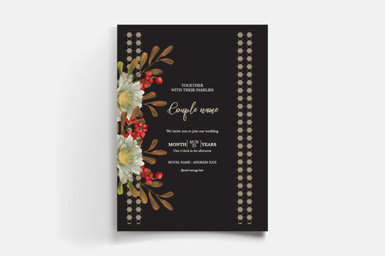 WEDDING INVITATION FRAME WITH FLOWER DECORATIONS AND FRESH LEAVES