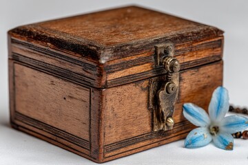 Aufkleber - Decorative wooden box with a vintage lock and blue flower beside it placed on a white background