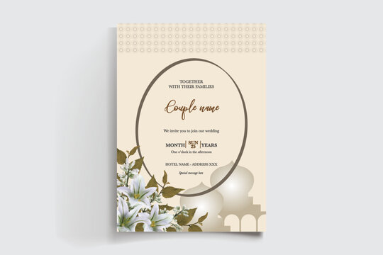 WEDDING INVITATION FRAME WITH FLOWER DECORATIONS AND FRESH LEAVES