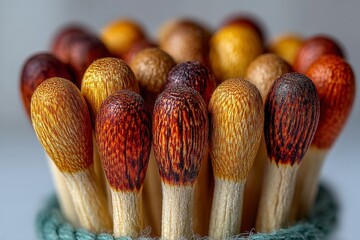 Aufkleber - Colorful matchsticks arranged in a container showcase wood grain details and vibrant hues in close-up