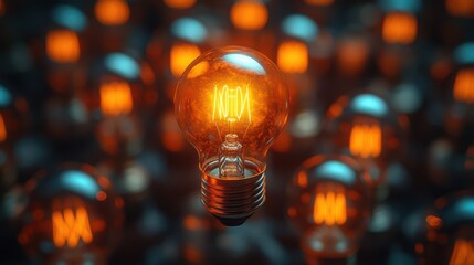 Poster - bright solution - single active lightbulb with visible filament glow among inactive ones, cinematic 