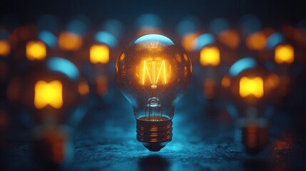 Poster - bright solution - single active lightbulb with visible filament glow among inactive ones, cinematic 
