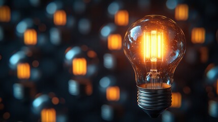 Poster - bright solution - single active lightbulb with visible filament glow among inactive ones, cinematic 