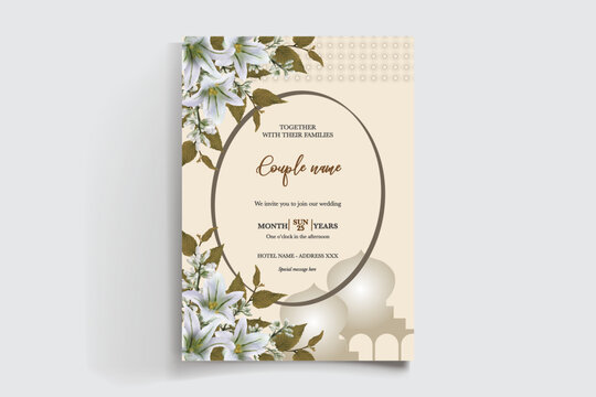 WEDDING INVITATION FRAME WITH FLOWER DECORATIONS AND FRESH LEAVES
